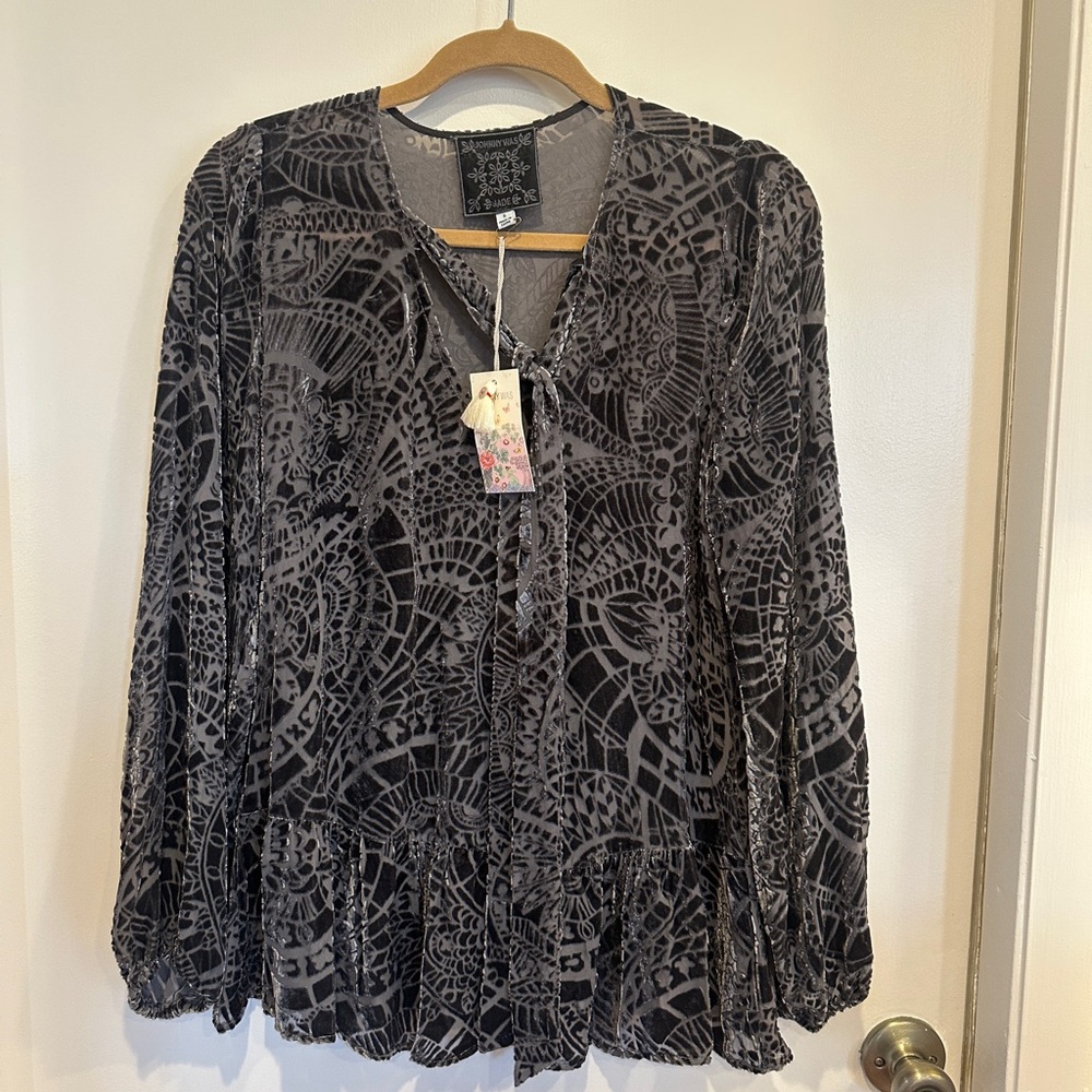 Johnny Was Charcoal Patterned Velvet Blouse